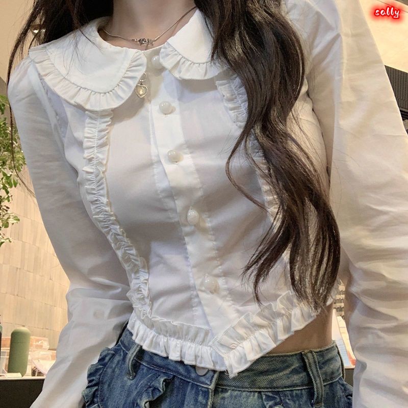 Sally เสื้อเชิ้ต หวานสวย ความเยาว์ เหมาะกับทุกสไตล์ ผอมเพรียว ใส่แล้วดูผอม คอโปโล กระดุมแถวเดียว ระบายอากาศ