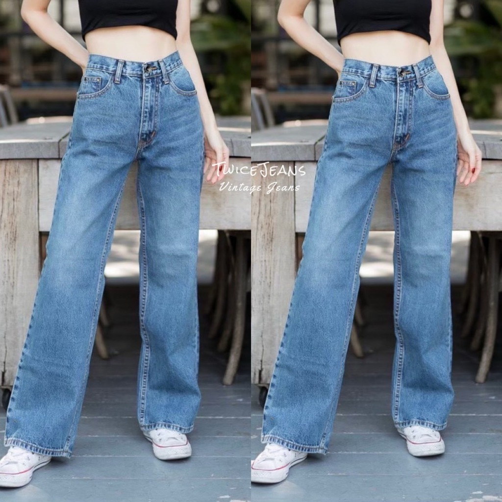 TwiceJeans ยีนส์ทรงกระบอก ผญ (S-5XL) เอวสูง สียีนส์สโนว