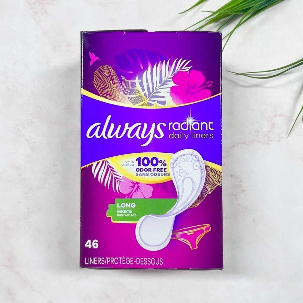 [Always®] Radiant Daily Liners Long Absorbency 46 Count แผ่นอนามัย ผ้าอนามัย ไม่มีปีก ปราศจากน้ำหอม