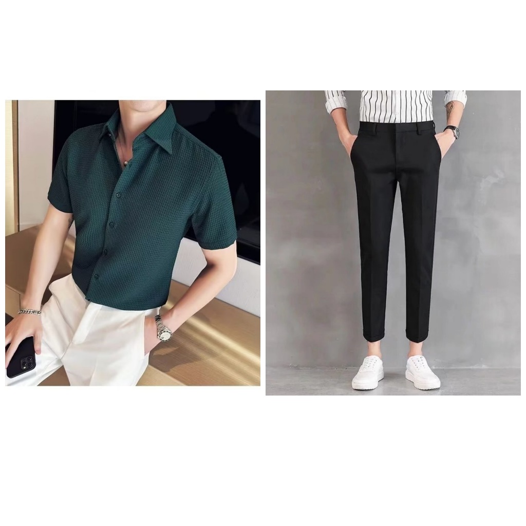[เสื้อ+กางเกง] สไตล์เกาหลี เสื้อเชิ้ตผู้ชาย พื้นผิวตาหมากรุก ทำงาน สไตล์มินิมอล สีขาว ดำ สีเขียว