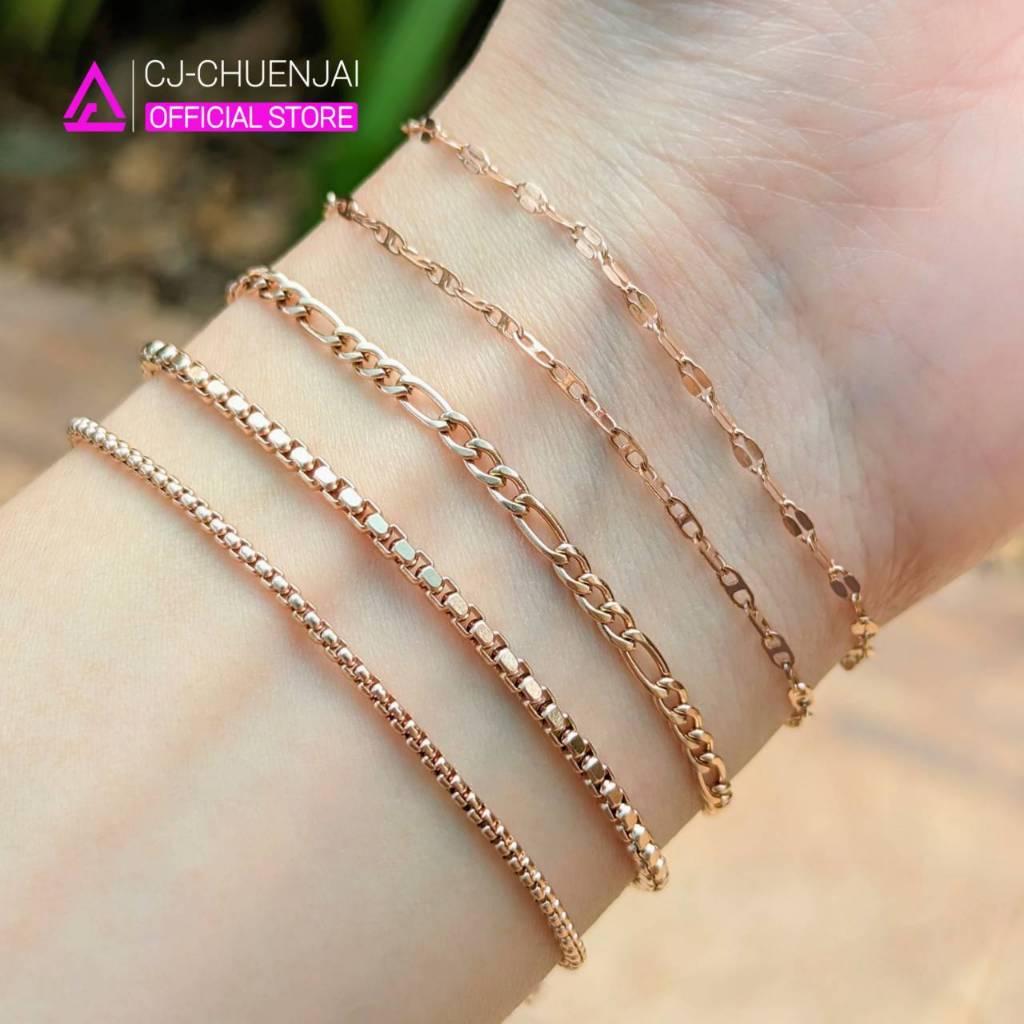 CJ สร้อยข้อมือสีพิงค์โกลด์ 24K สแตนเลสเลเซอร์ ไม่ลอกไม่ดำ
