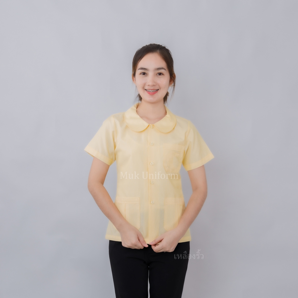 เสื้อกาวน์ คอบัว เหลืองริ้ว แขนสั้น เสื้อผู้ช่วยเหลือคนไข้ ไม่มีโลโก้ เหลืองขาว Mukuniform
