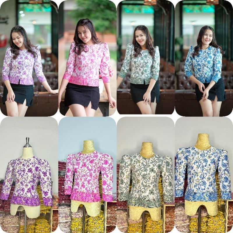เสื้อผ้าไทยใส่ทำงานทรงจิตรดาเอนต้นลายดอกไม้ผ้าคอตตอลพิมพ์ลายอัดกาวทั้งตัว