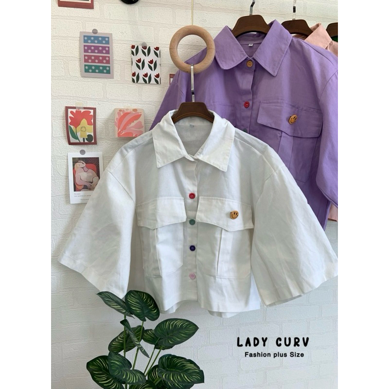 เสื้อเชิ้ตครอปกระดุมสีรุ้งสุดน่ารัก +เข็มกลัดหน้ายิ้ม plussize สาวอวบ