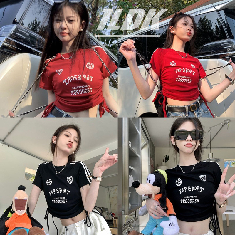 1LDK พร้อมส่ง เสื้อครอบ คอกลมแขนสั้น รูดเชือกด้านข้าง สกินลายอักษร(006)