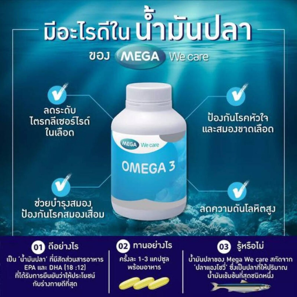 MEGA We care FISHOIL 1000mg น้ำมันปลา 30 แคปซูล บำรุงสมอง สายตา ลดไขมันไตรกลีเซอไรด์ ลดอาการปวดข้อ ราคา ถูกที่สุด ดีลบีเคเค แกลเลอรีภาพที่ 2
