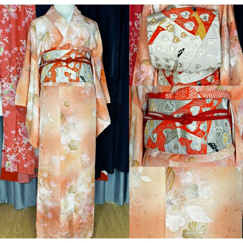 พร้อมส่ง kimono ชุดกิโมโน สีส้ม มือสองของแท้จากญี่ปุ่น