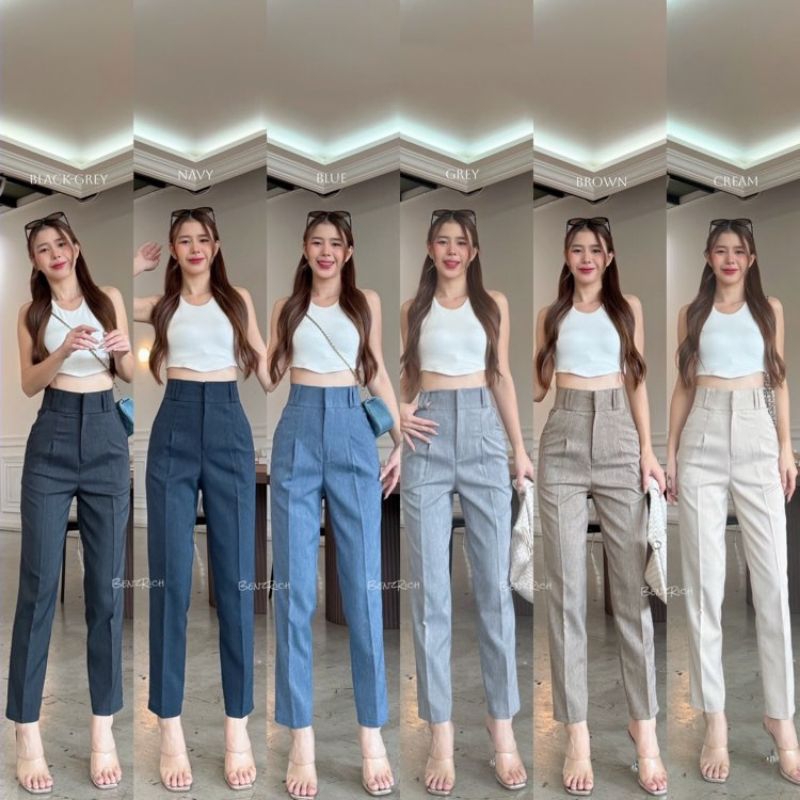 Nora กางเกงเอวสูงขากระบอกเล็กทรง9ส่วน ผ้าโนร่าสีโทนซอฟท์ๆมีลายในตัว แต่งตะขอคู่และหูเข็มขัดคู่ มีให้เลือก6สี/4ไซส์