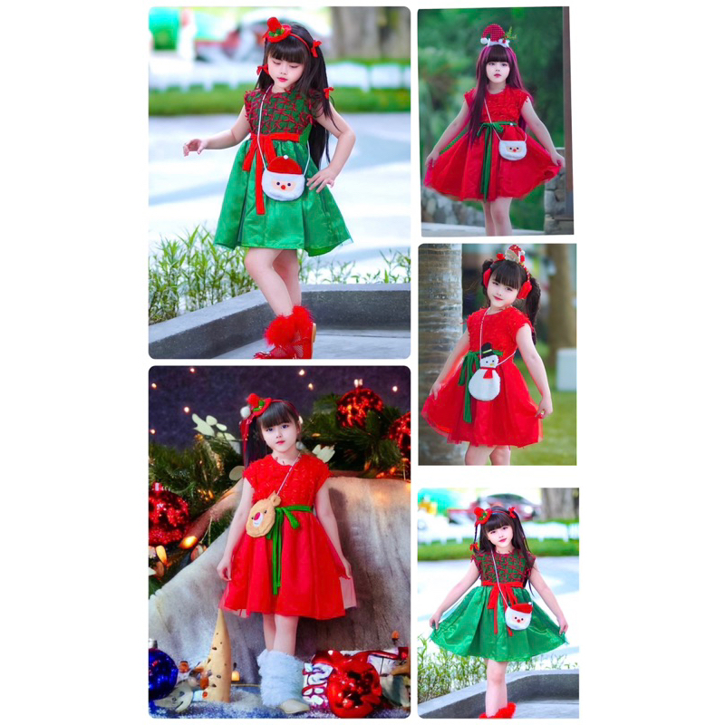 ชุดเดรสเด็กผู้หญิง สีแดง สีเขียว ชุดเดรสคริสต์มาสเด็กผู้หญิง ลายคริสต์มาสแถมกระเป๋าเข้าชุด