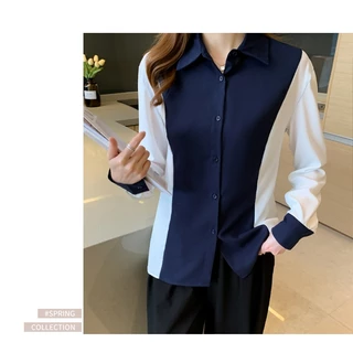 เสื้อเชิ้ตทำงาน สาวอวบ แขนยาว สีกรม สีฟ้า สีดำ คาดขาว มี 3 สี สไตล์เกาหลี