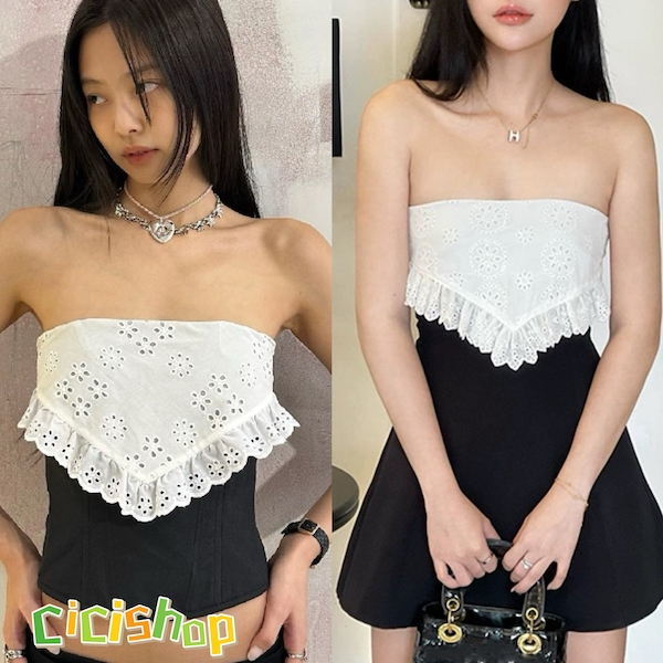 Cicishop(J879/J881)เกาะอก/มินิเดรส สม็อกหลัง เข้ารูป เเต่งระบายลูกไม้ สไตล์สาวเกาหลี