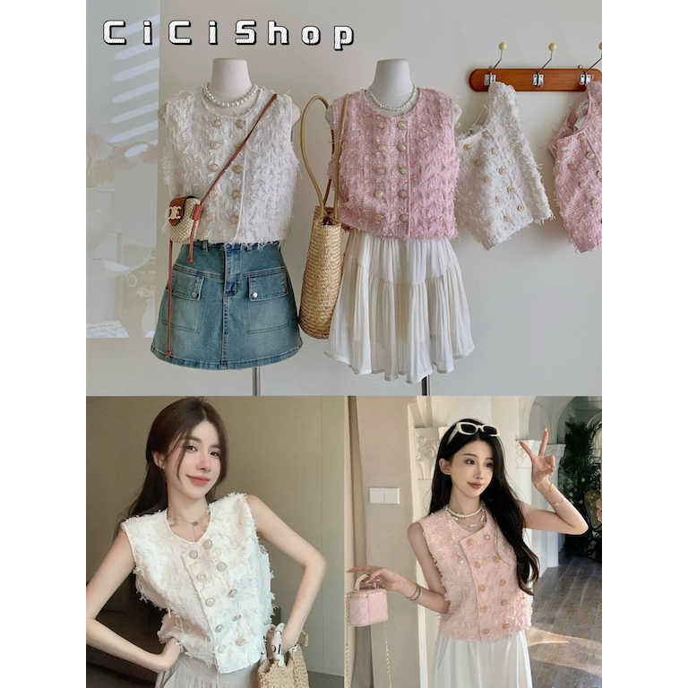 Cicishop(3155)เสื้อแขนกุดผ้าทวิต กระดุมจริง มีซับใน ดีเทลปักพู่รอบตัว ใส่แล้วเรียบหรู สไตล์เกาหลี