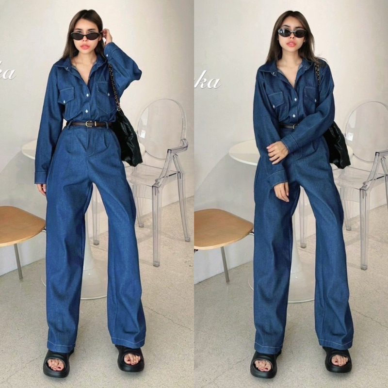 Yunaka ชุดเซ็ต 2 ชิ้น ไม่มีเข็มขัดนะคะ เสื้อเชิ้ตแขนยาว อก 44” Shirt Jeans Style Set 2 กางเกงขายาว ทรงกระบอก เอว 22-30“