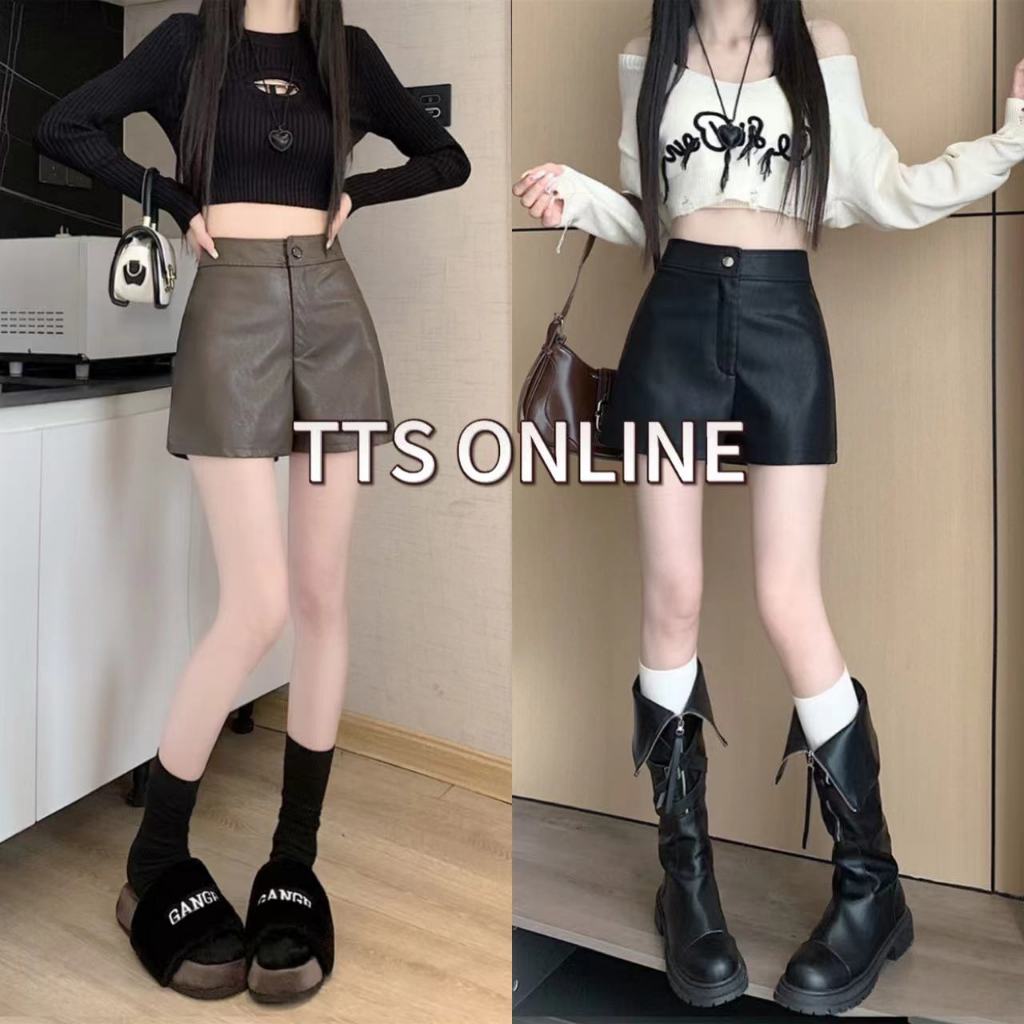 TTS🍒กางเกงขาสั้นหนัง PU เอวสูงกระชับสัดส่วนสำหรับผู้หญิงกางเกงขาสั้นสาวสุดฮอต A-line สไตล์ระดับไฮเอนด์และสง่างามใหม่