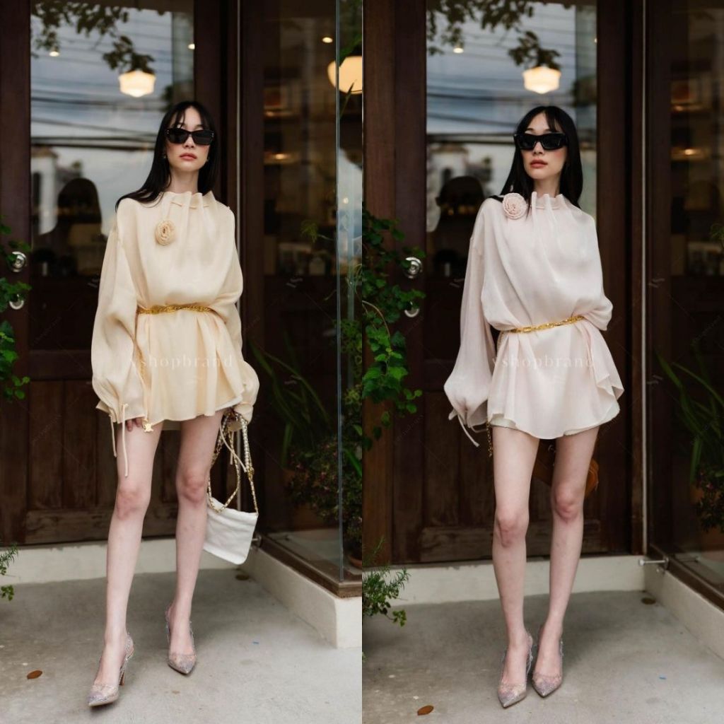 พร้อมส่ง Minidress จับจีบคอรูดคอ + เข็มกลัดดอกไม้ งานป้าย vshop
