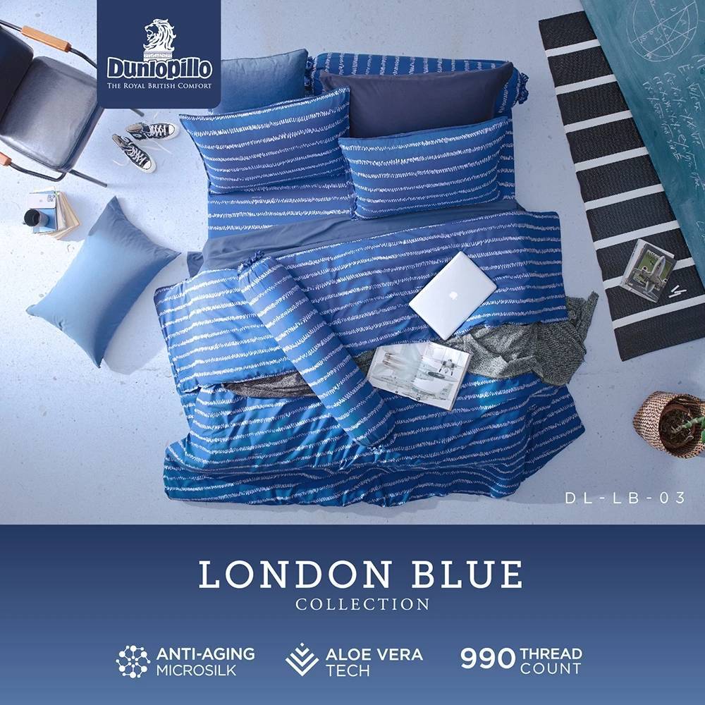 ชุดผ้าปู + ผ้านวมเย็บติด Dunlopillo รุ่น London Blue เทคโนโลยีผ้าถนอมผิว ทอ 990 เส้นด้าย