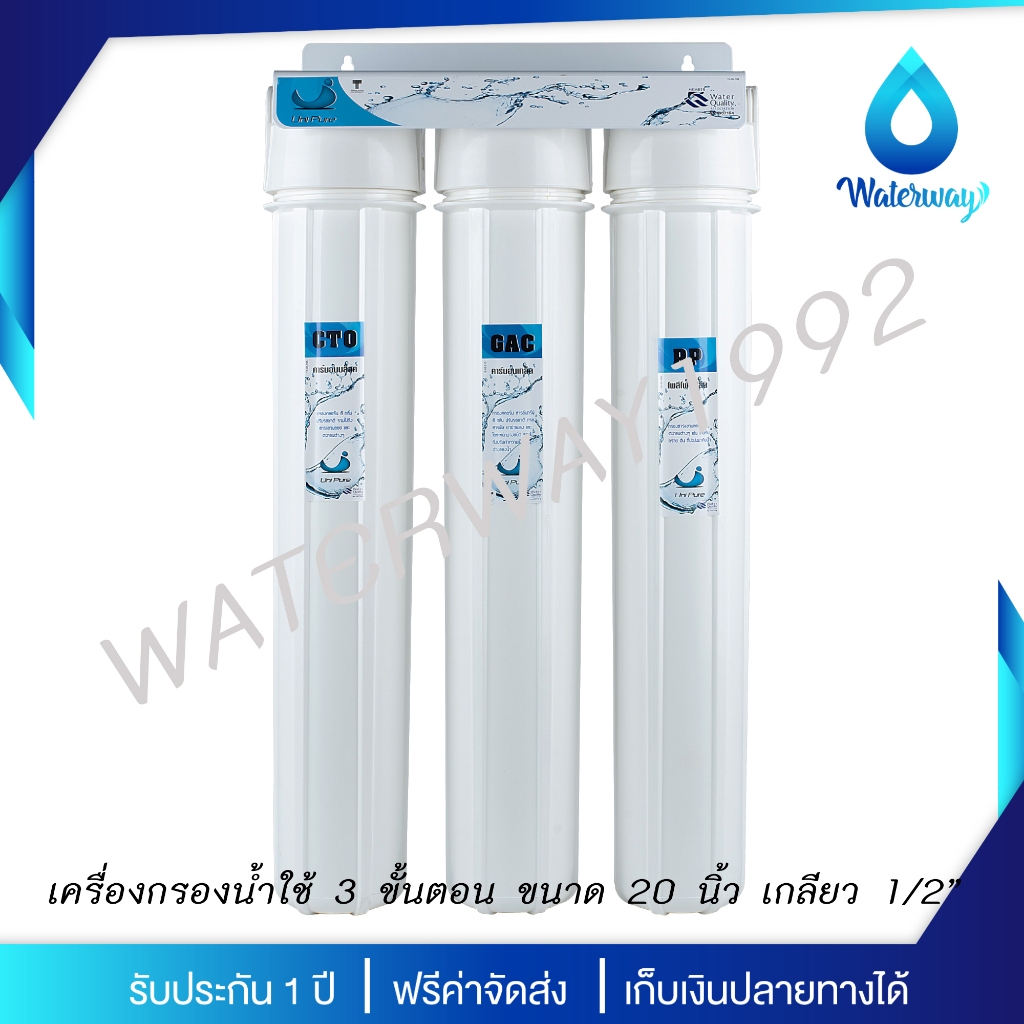 UNI PURE เครื่องกรองน้ำใช้ 3 ขั้นตอน ขนาด 20 นิ้ว รุ่น PP/CTO/GAC ขนาดท่อน้ำเข้า-ออก 1/2 นิ้ว เน้นดักจับสารเคมี คลอรีน