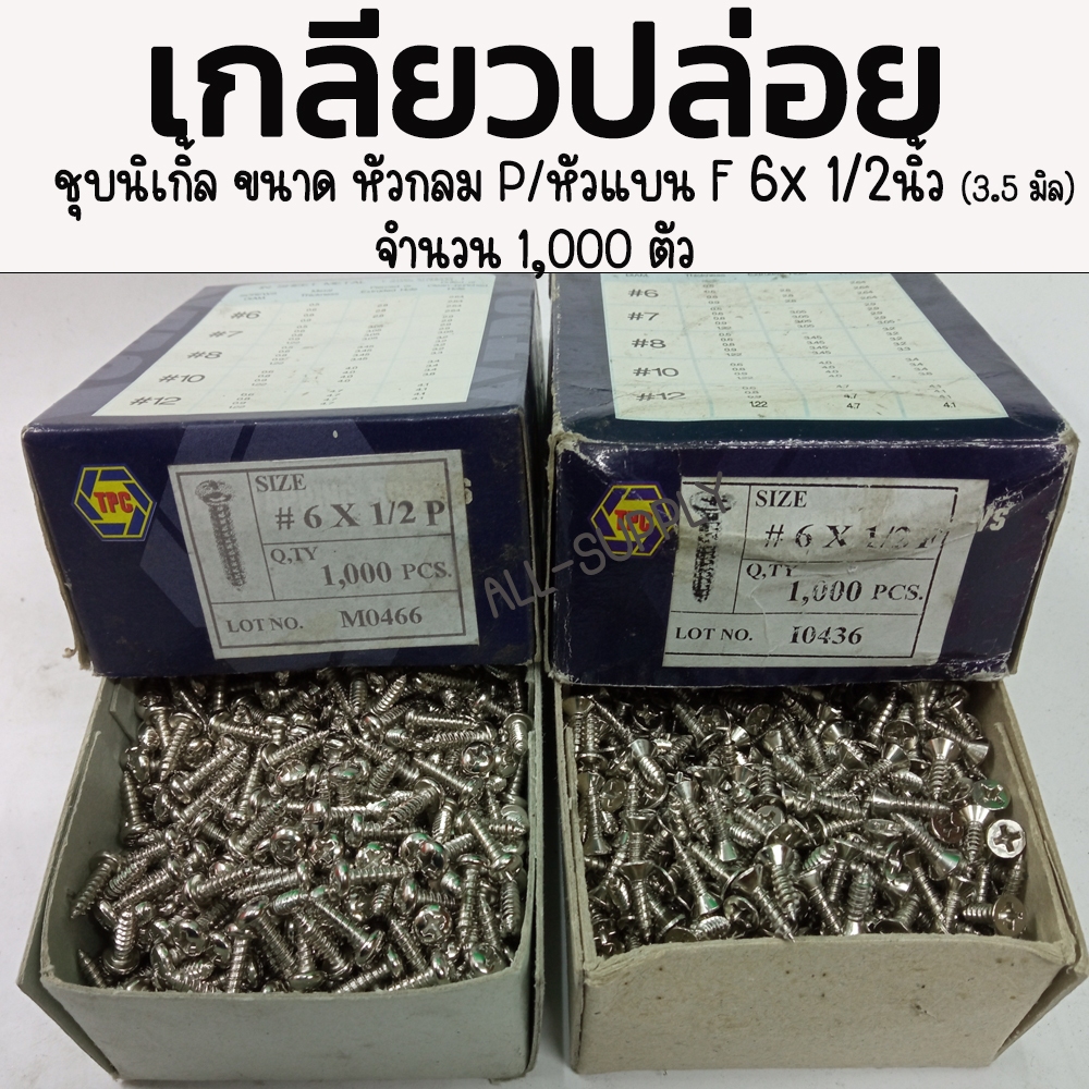 เกลียวปล่อย เหล็ก หัวกลม P, หัวแบน F 6 x 1/2 นิ้ว - 1,000 ตัว ชุบนิเกิ้ล เกลียวปล่อยไม้ เกลียวปล่อยเจาะไม้