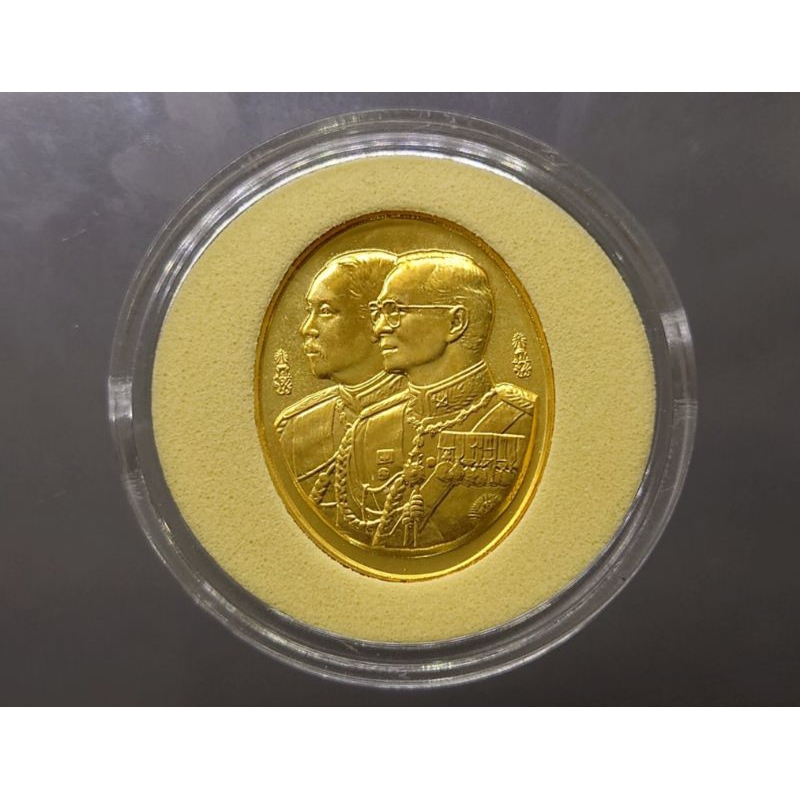 เหรียญ ที่ระลึก 100ปี โรงเรียนนายร้อยตำรวจ พระรูป รัชกาลที่5 รัชกาลที่9 ร.5 คู่ ร.9 เนื้อทองแดงชุบทองคำ ปี2545 พร้อมตลับ