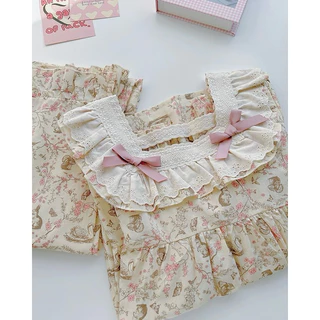 [JisellaShop] ชุดนอนแขนขายาวเซท2ชิ้น Free size อก40“ คอระบายลูกไม้ ติดโบว์ชมพูเพิ่มความหวาน น่ารักมากก💕
