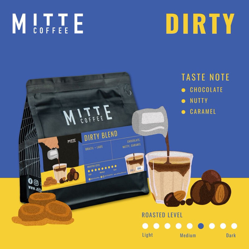 Mitte coffee เมล็ดกาแฟคั่วกลาง Dirty Blend มี 3 ขนาด 200 กรัม / 500 กรัม / 1 กิโลกรัม