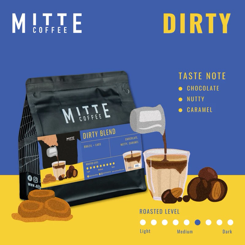 Mitte coffee เมล็ดกาแฟคั่วกลาง Dirty Blend มี 3 ขนาด 200 กรัม / 500 กรัม / 1 กิโลกรัม