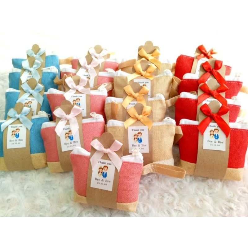 กระเป๋าใส่เหรียญเนื้อผ้ากระสอบ คาดกระดาษน้ำตาล ติดโบว์  🎉แถมสติ๊กเกอร์ ของชำร่วย - รูปที่ 4