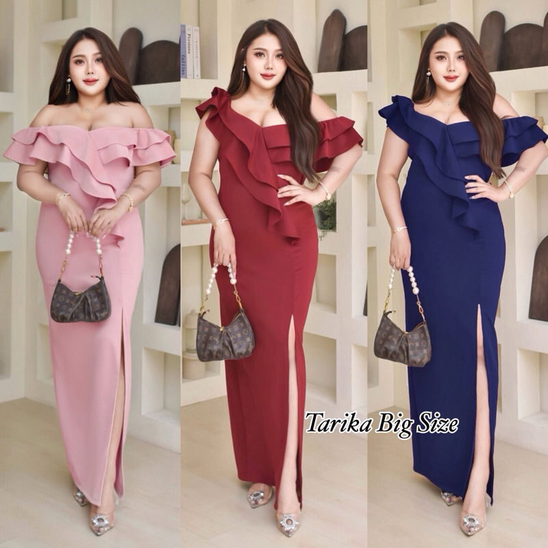 ชุดราตรียาวไซส์ใหญ่ (Plus size) เปิดไหล่ ระบาย ปิดพุง กระโปรงผ่าหน้า ใส่งานหรูผ้าดี