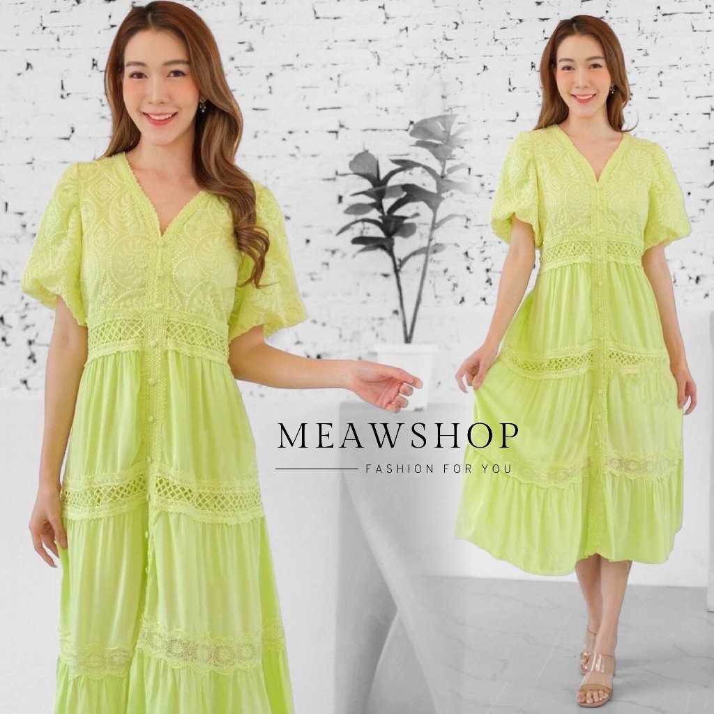 มี8สีค่ะ เดรสลูกไม้สวยมาก แขนพอง คอวี ชุดออกงาน ไปงาน ชุดไปวัด ทำบุญ สวยๆ  งานป้าย lots