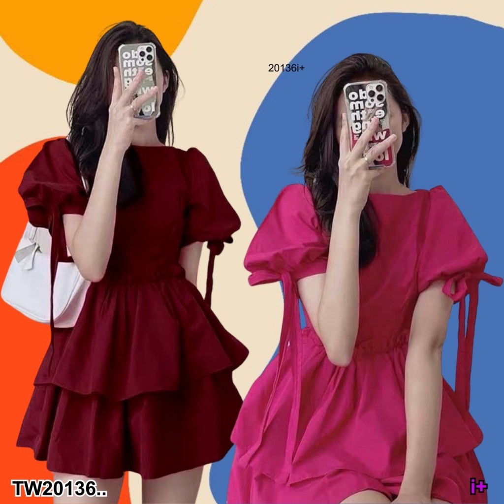 TwinsShopVip💗พร้อมส่ง TW20136  เดรสสั้น คอกลแขนตุ๊กตา ผูกโบว์แขน กระโปรง 2 ชั้น ..