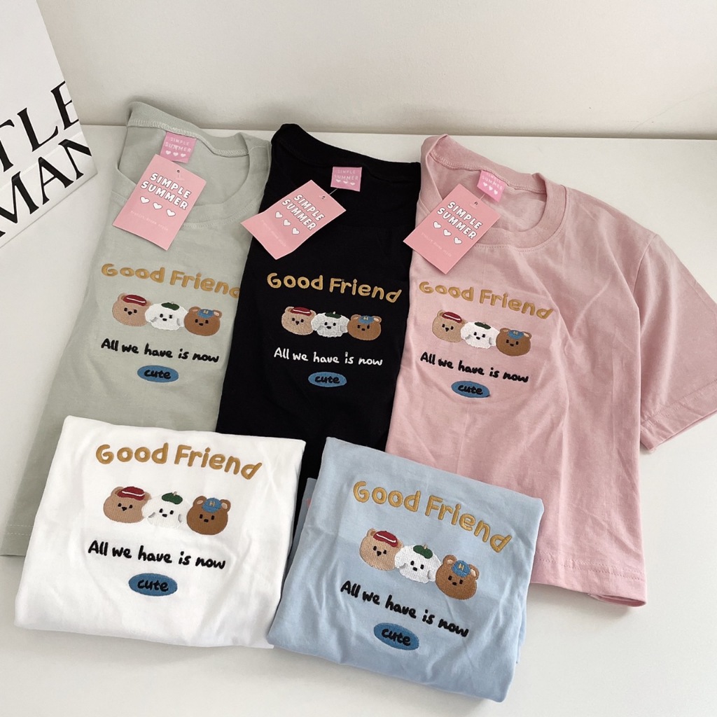 S291 เสื้อครอป ผ้าคอตตอน ปัก หมี3ตัว good friend