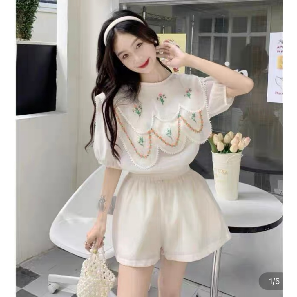 Pizza Outfit ชุดเชตเสื้อ กางเกง มีซับในในตัว ปกปักดอกไม้สวยมาก