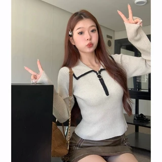 ส่งทันที Cici(NO. 9A133)เสื้อเเขนยาวคอปกไหมพรม ดีเทลซิปรูดหน้าอก ผ้าหนา เหมาะกับฤดูหนาว สไตล์ฝรั่งเศษ