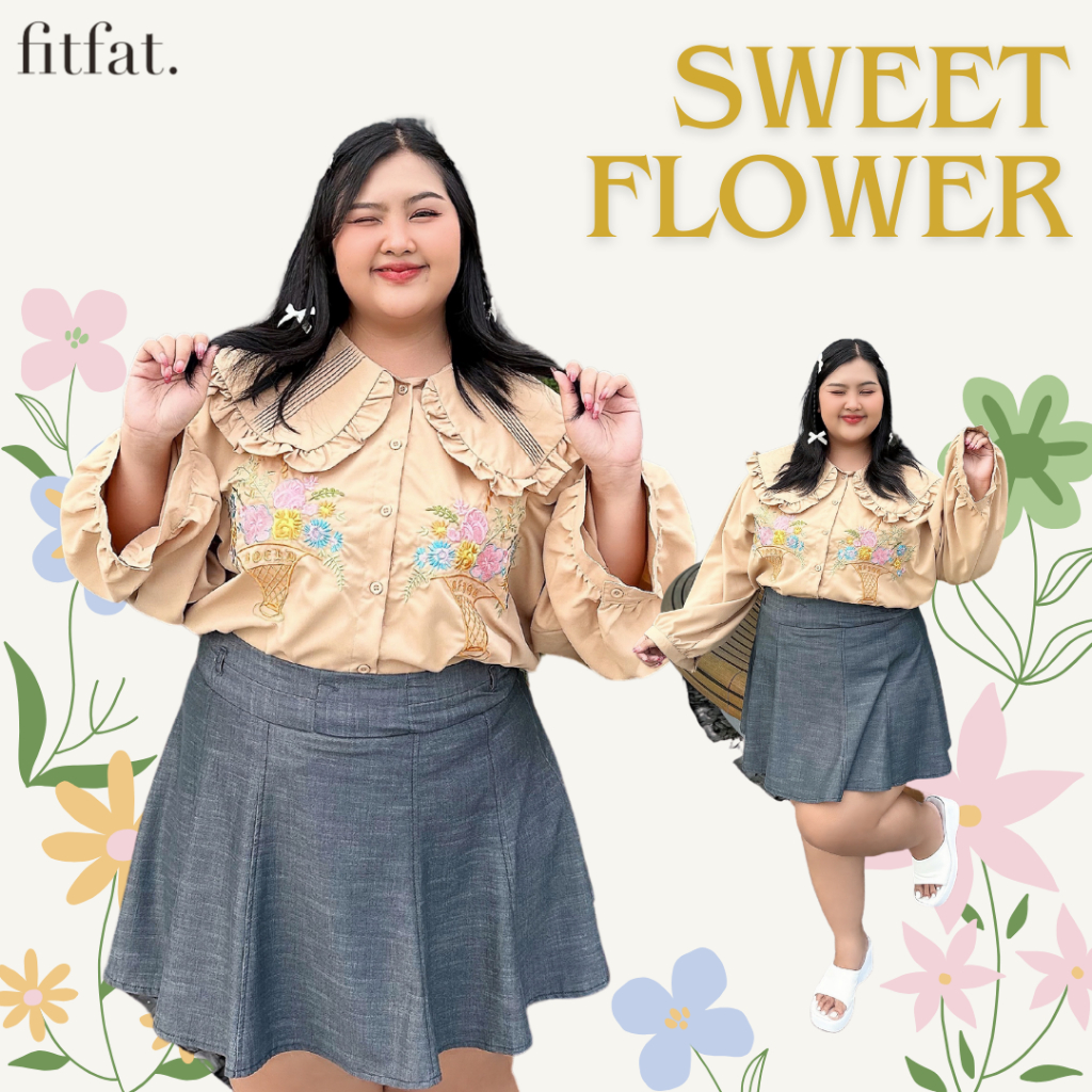 ลด 40.- code FITFATNEW Sweet Flower เสื้อจริตลูกคูมแบบเกาหลีเกาใจ หน้าผ้า 56" วงแขนกว้าง 26" เนื้อผ้าดีมาก งานปักแน่