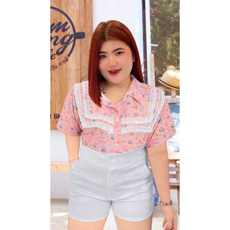 RN203.เสื้อเชิ๊ตสาวอวบลายดอกหญ้าแต่งลูกไม้ถักเหลี่ยม2ชั้น หน้าผ้า50งานสวย - รูปที่ 5