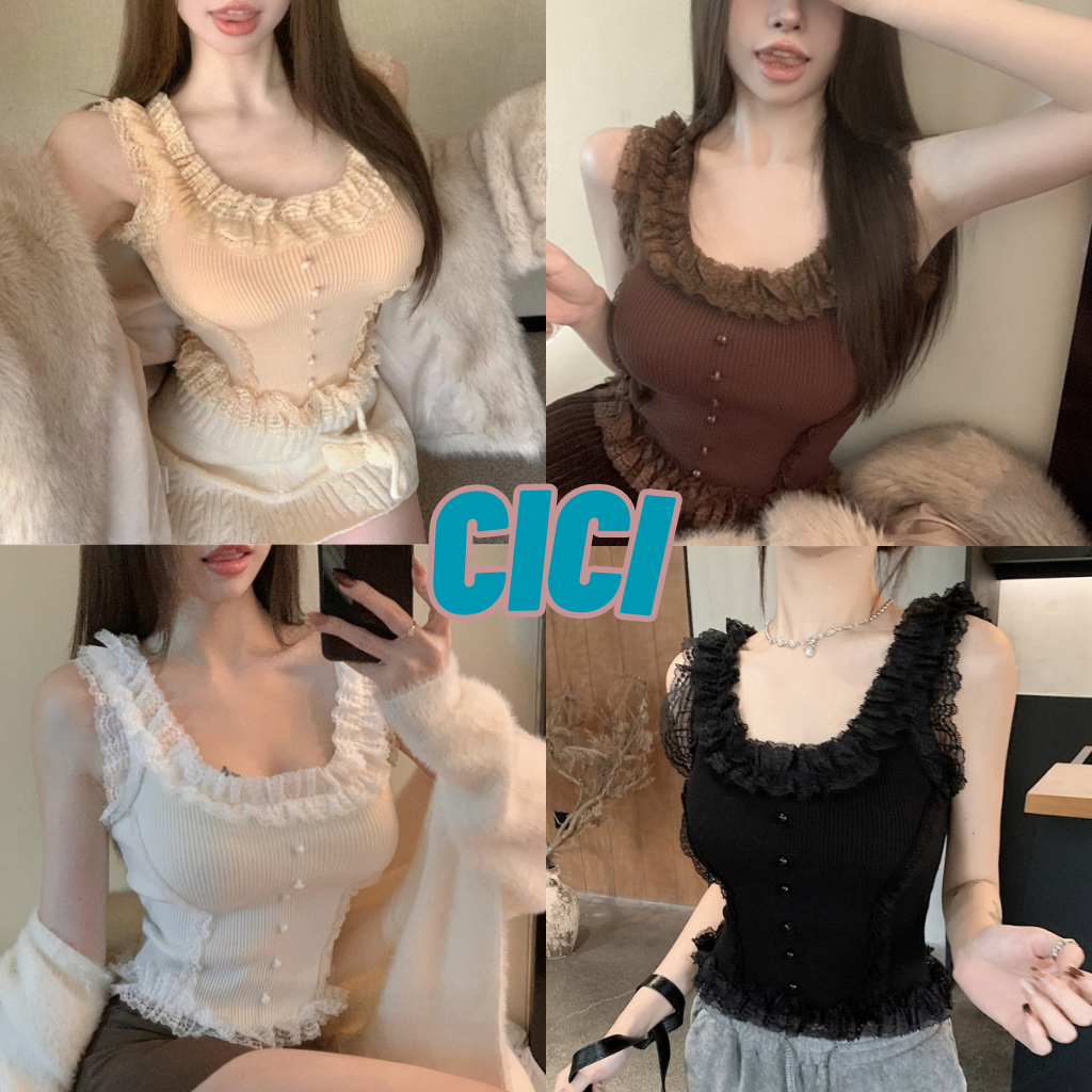 ส่งทันที Cici(NO. X1640)เสื้อกล้ามไหมพรม ดีเทลเเต่งระบายลูกไม้ กระดุมหลอก ผ้ายืด สไตล์สาวหวาน