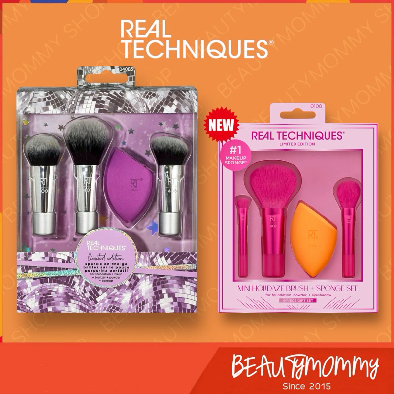 แท้ชัวร์!REAL TECHNIQUES Sparkle On The Go/ New Mini Holidaze Brush + Sponge (Limited Edition)