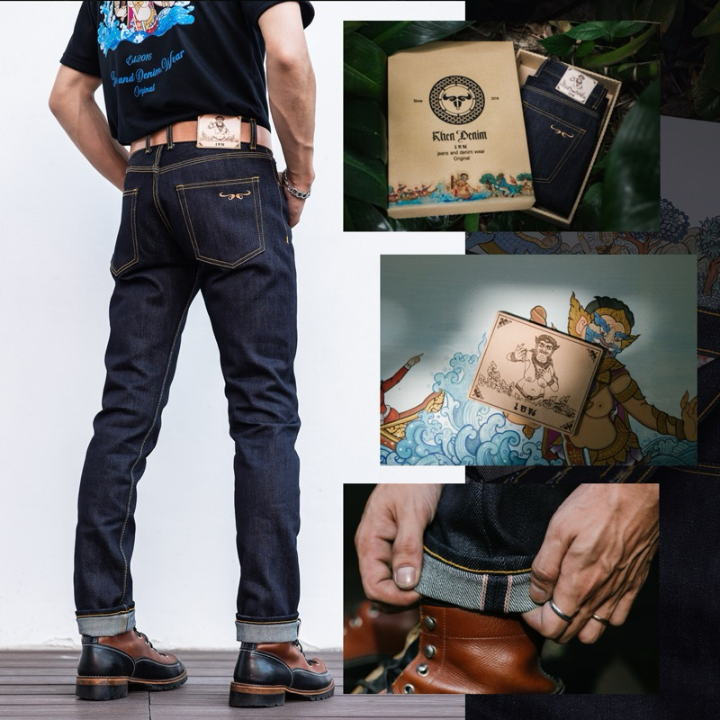𝐊𝐡𝐞𝐧 𝐃𝐞𝐧𝐢𝐦 รุ่น​ ผีเสื้อ​สมุทร 𝟐𝟎 𝐨𝐳. ผ้าญี่ปุ่นริมแดง กางเกงยีนส์ผู้ชาย ทรงกระบอกเล็ก เฟดโหด [𝐁𝐨𝐱𝐬𝐞𝐭]