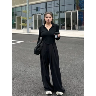 CiCi Plus+(105) กางเกงขายาว ผ้าทิ้งตัว ตะขอซิปหน้า ใส่เเล้วพรางหุ่น เหมาะสำหรับสาวพลัสไซส์