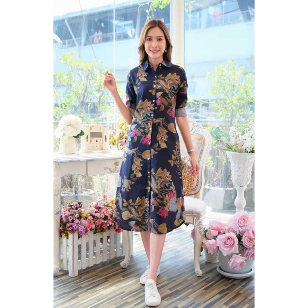 เดรส #8412(7985-5) (4/6) ผ้าลินินผสมฝ้ายพิมพ์ลายดอกไม้สีสดใส ผ้าดีเนื้อนิ่ม ใส่สบาย ไม่ร้อน ใส่ได้หลายโอกาส