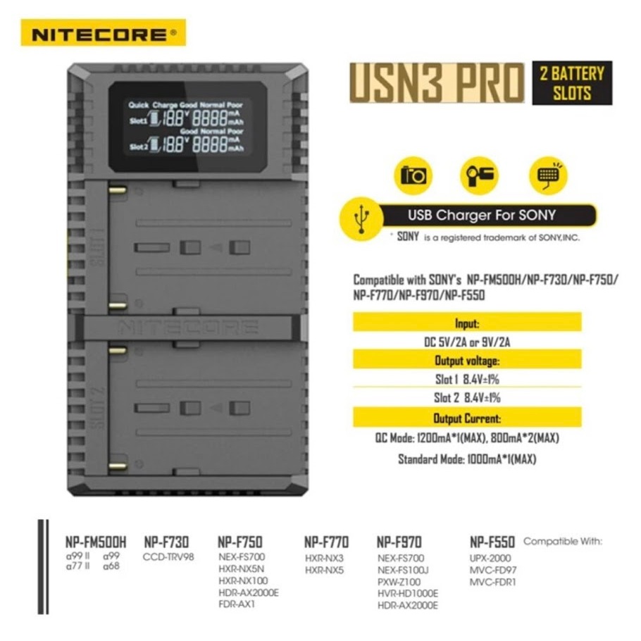 Nitecore USN3 Pro Dual USB QC Charger สำหรับNP-FM500H NP-F550 NP-F970 NP-F770 NP-F730 NP-F750 F550 F