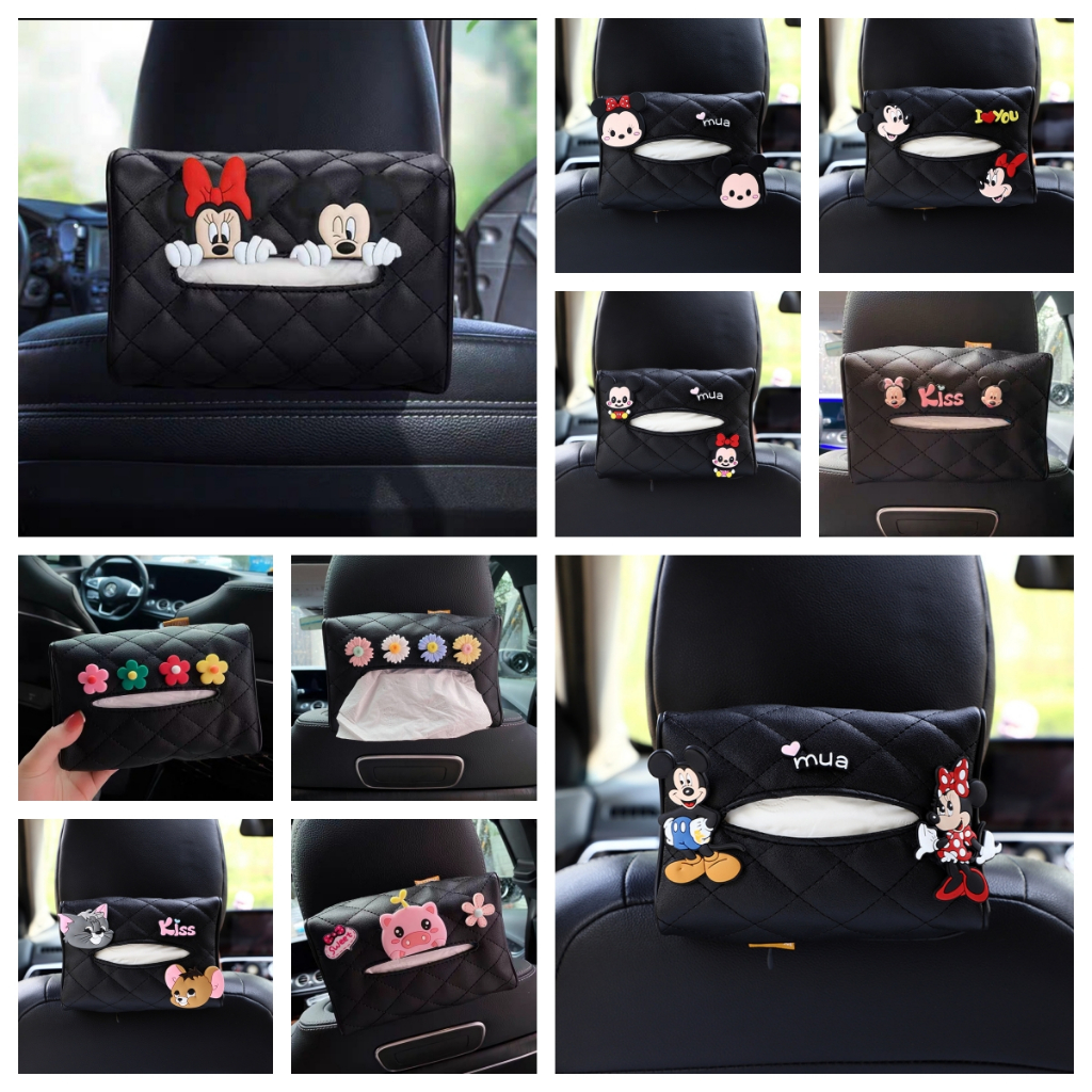 กล่องเนื้อเยื่อรถหนังรถแดดจัดกระเป๋าผู้ถือกระเป๋า Mickey Minnie น่ารักการ์ตูนรถเบาะรองนั่งกระเป๋ากระดาษจัดเก็บ
