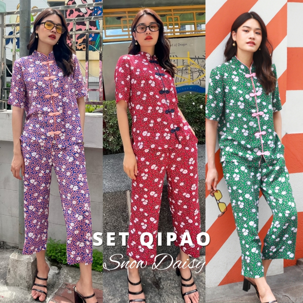 THONGYOY-Set qipao snow daisy ชุดกางเกงคอจีนกี่เพ้าลายดอก ชุดตรุษจีน