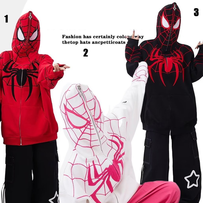 เสื้อกันหนาว เสื้อฮู้ด พิมพ์ลายการ์ตูนแมงมุม สไตล์อเมริกัน ขนาดใหญ่ สําหรับผู้ชาย และผู้หญิง