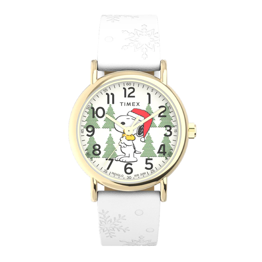TIMEX TW2W24100 Weekender x Peanuts Holiday นาฬิกาข้อมือผู้หญิง สายหนัง สีขาว หน้าปัด 38 มม.