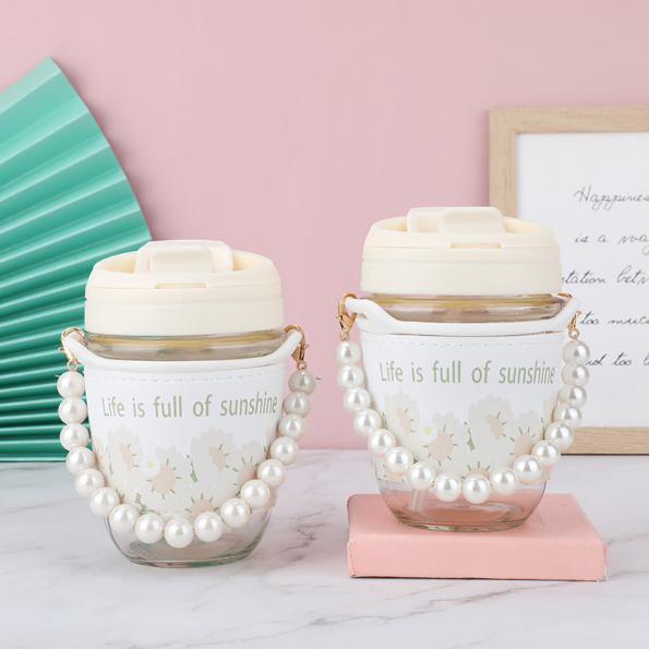 YIWUSHOP ปลีก/ส่ง แก้วกาแฟ กระบอกน้ำ น่ารัก พร้อมหลอด หูหิ้วไข่มุก 350ML