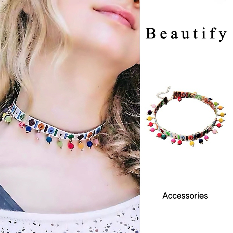 𝓑𝓮𝓪𝓾𝓽𝓲𝓯𝔂สร้อยคอโช้คเกอร์สไตล์โบฮีเมียนลวยลายปักผ้าสวยงามประดับพู่ตกแต่งหลากสี