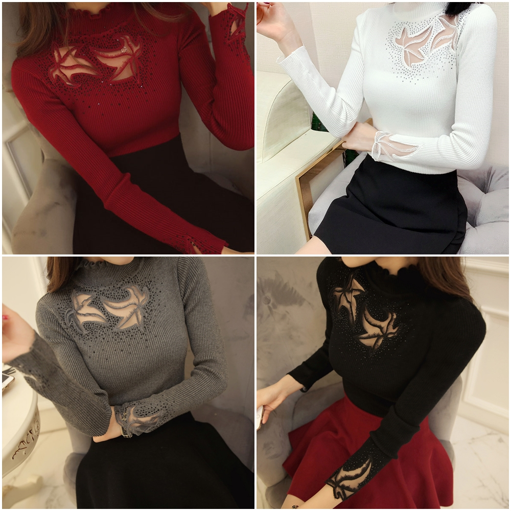 Davii.A025 | เสื้อไหมพรม อกปักใบเมเปิ้ล แขนยาว เสื้อซีทรู เสื้อลูกไม้ ผ้าเนื้อนุ่ม ละมุนผิว