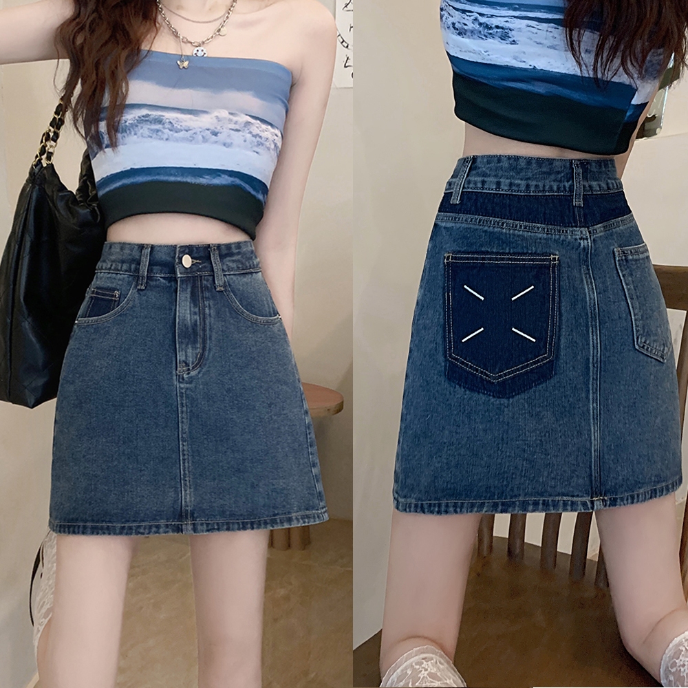 beautified  กระโปรงยีนส์สีเข้ม ผ้าไม่ยืด  เอวสูง  กระโปรงทรงเอ S-4XL