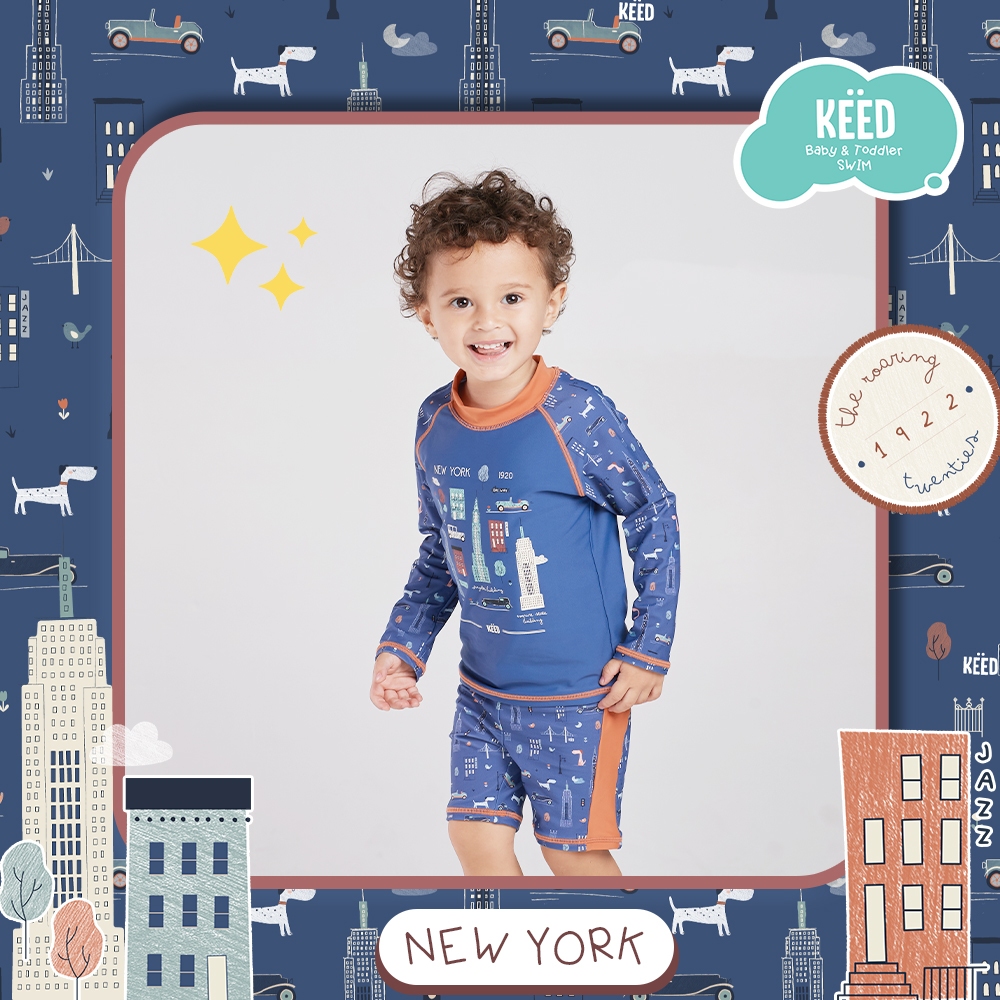 KEED : NEW YORK ชุดว่ายน้ำทูพีช เสื้อแขนยาว-กางเกงขาสั้น ตกแต่งสกรีนการ์ตูน *221NY*